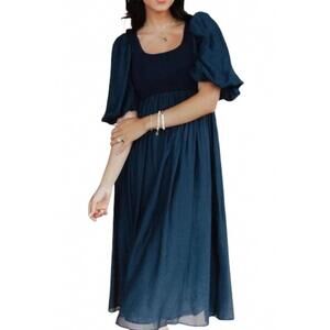 NEW SOFIE THE LABEL raina puffed sleeve midi dress in navy